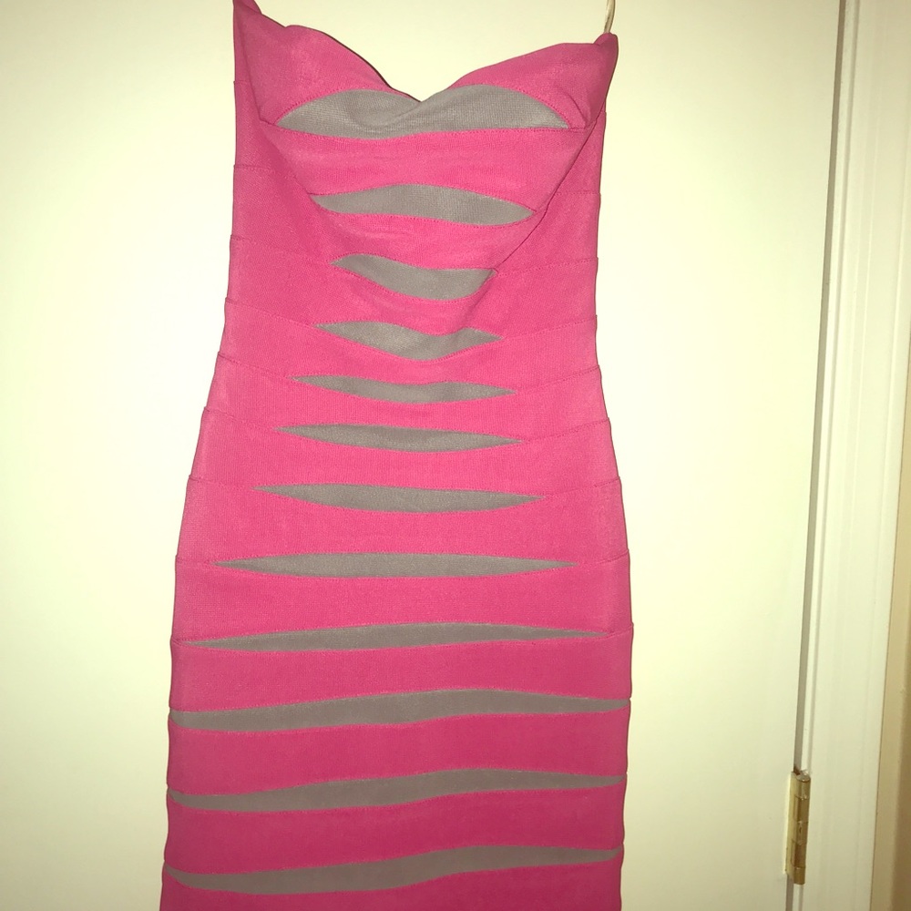Jaaz Couture pink and grey strapless dress